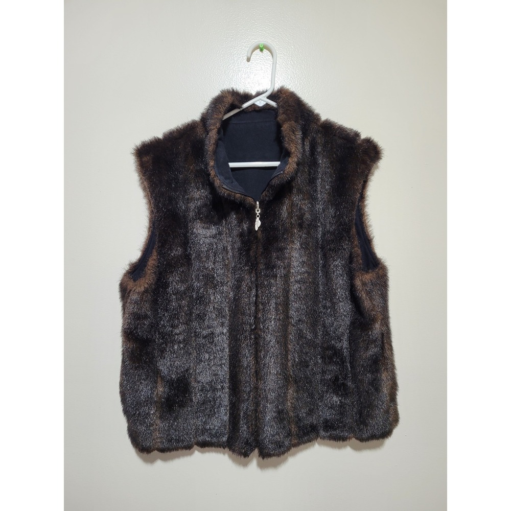 Unbranded Faux Fur Vest Womens L Brown Reversible Zip Up Glam Winter